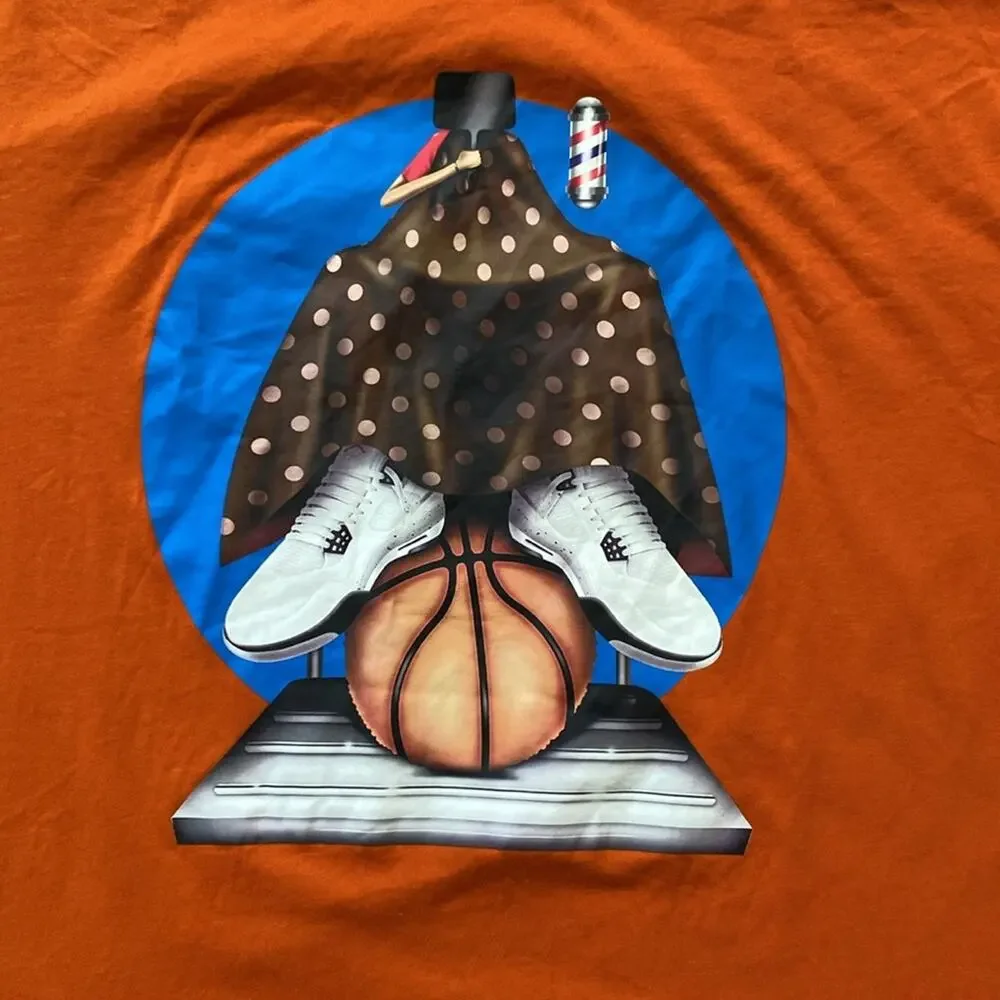 JORDAN T-Shirt Mens Sz Large Orange Artist Series Darien Birks Barber Shop
